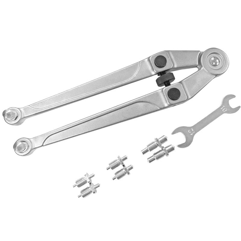 Cheie piuliță cu orificii frontale și pini, deschidere reglabilă 18-100 mm, trusă cu vârfuri interschimbabile PROLINE.HD 36810