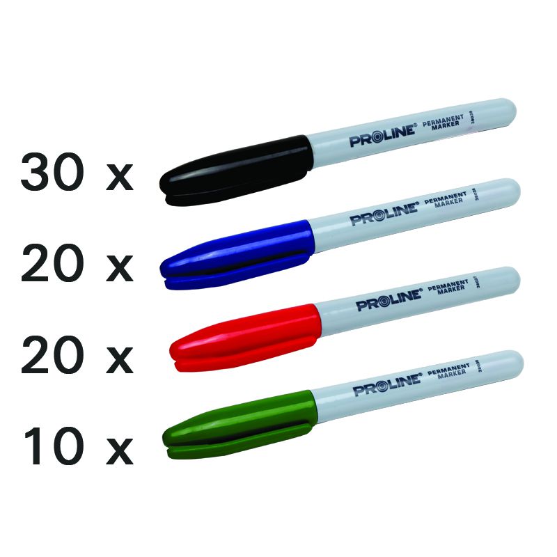 Markere scurte color (N-30/A-20/R-20/V-10), 80/set, mini, 4 culori, capac cu agatator PROLINE 38043