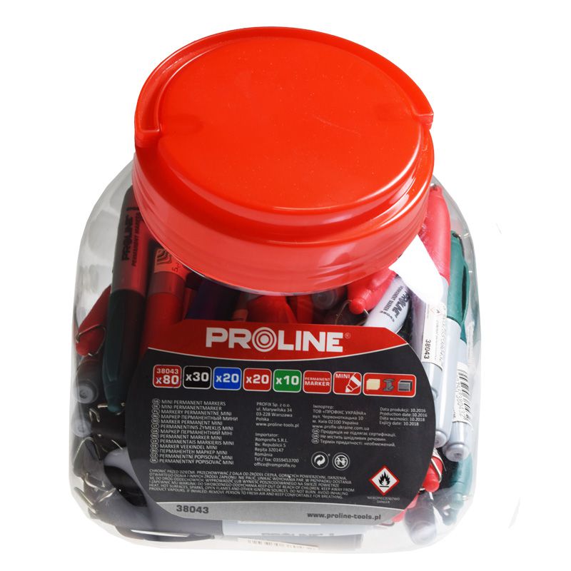 Markere scurte color (N-30/A-20/R-20/V-10), 80/set, mini, 4 culori, capac cu agatator PROLINE 38043
