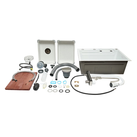 Chiuveta bucatarie otel inoxidabil cu doua baterii, functie cascada, spalator pahare, dozator sapun, scurgator, tava, tocator si accesorii scurgere incluse, dimensiune 60x45x22cm