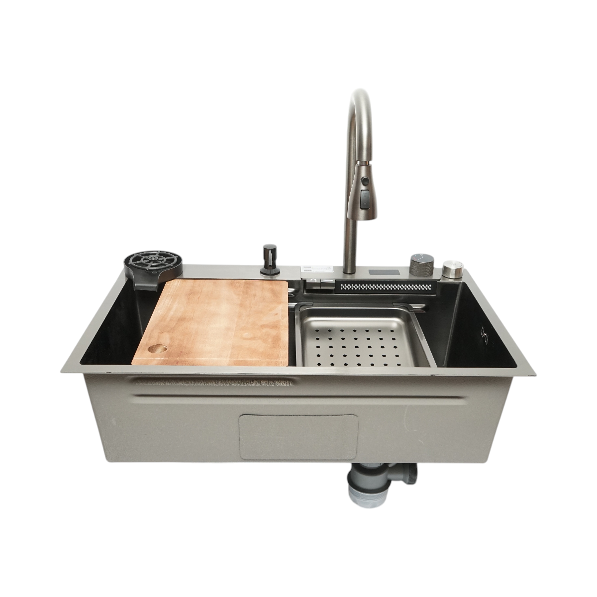 Chiuveta bucatarie otel inoxidabil, afisaj digital temperatura, functie cascada, spalator pahare, dozator sapun, scurgator, tava, tocator si accesorii incluse, dimensiune 75x46x23.5cm