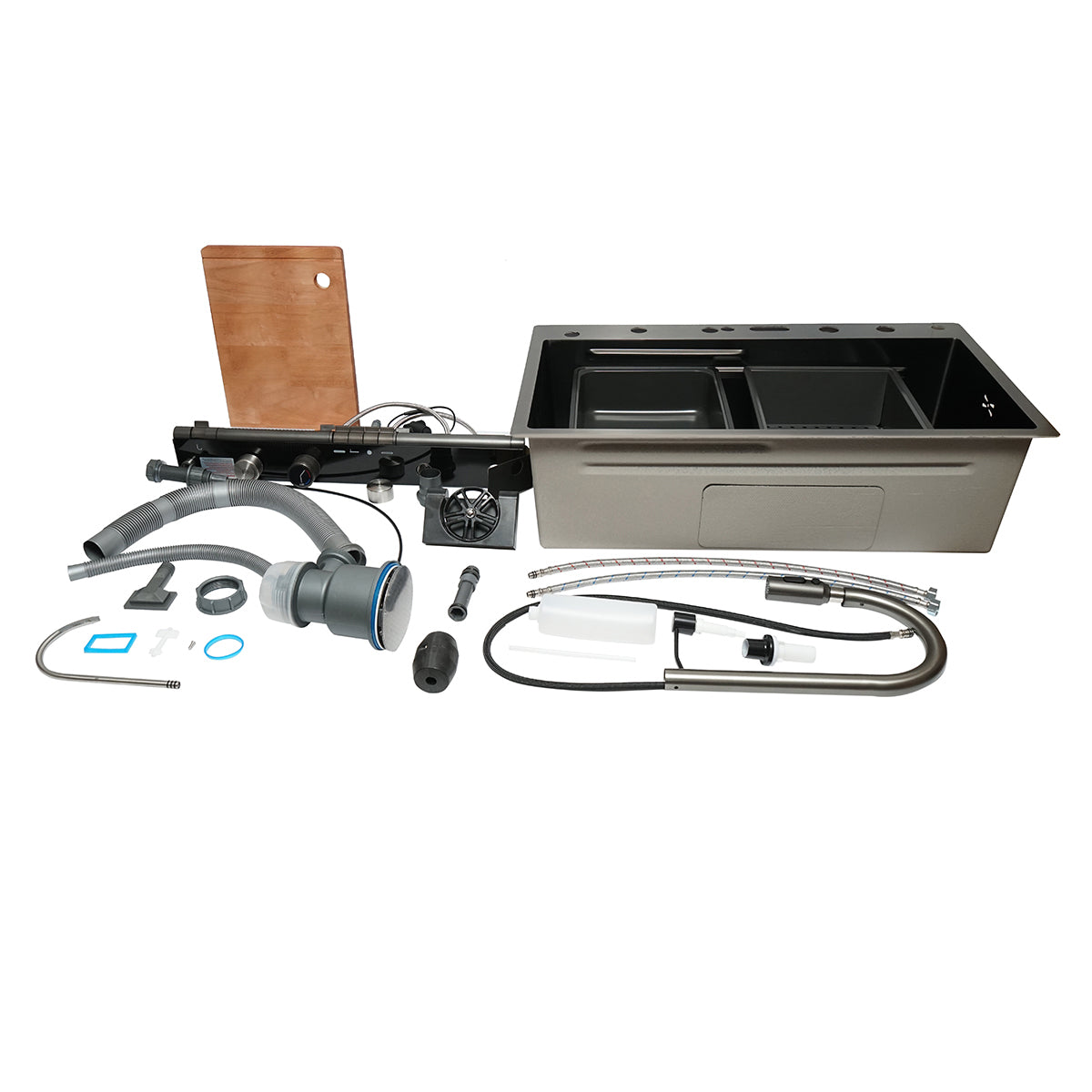 Chiuveta bucatarie multifunctionala cu doua baterii, otel inoxidabil cu afisaj digital temperatura, doua cascade, spalator pahare, scurgator, tava, tocator si accesorii incluse, dimensiune 75x46x22cm