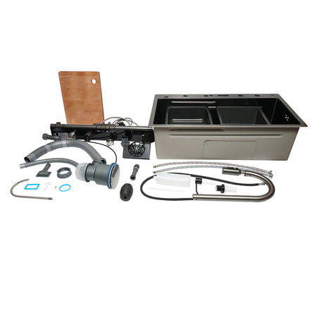 Chiuveta bucatarie multifunctionala cu doua baterii, otel inoxidabil cu afisaj digital temperatura, doua cascade, spalator pahare, scurgator, tava, tocator si accesorii incluse, dimensiune 75x46x22cm