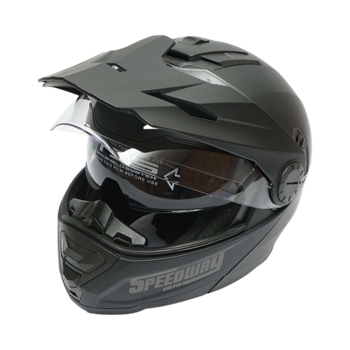 Casca motocross integrala negru mat cu viziera transparenta si ochelari de soare, marimea XL Lion