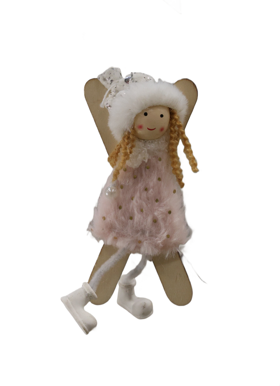 Xmas Figurina De Agatat Copii Cu Schiuri Alb Roz Ab