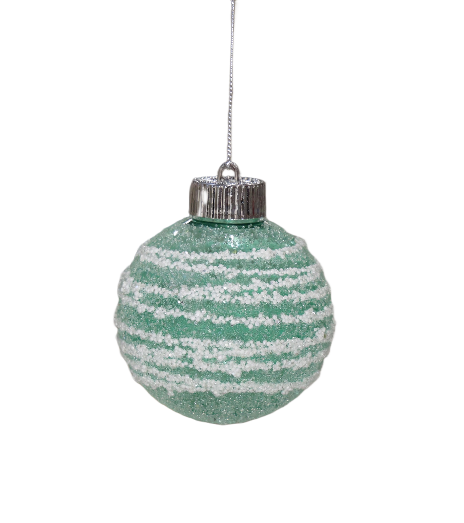 XMAS ORNAMENT GLOB VERDE GLAZURAT CU DUNGI ALBE 8 CM, PLASTI