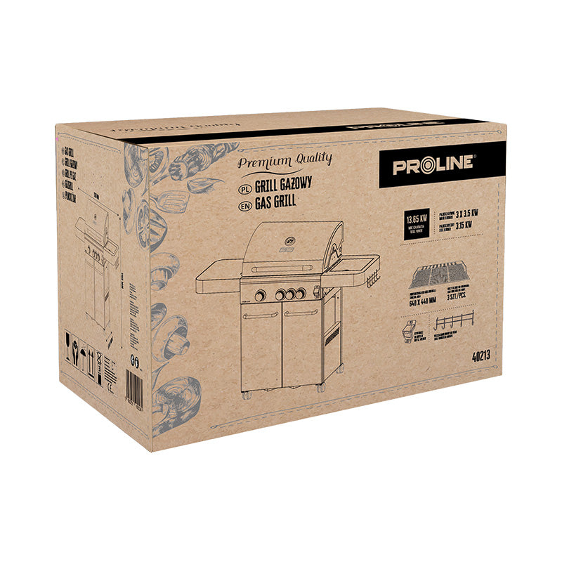 Grill gaz inoxidabil 3+1 arzătoare, 13,65 kW, grătar fontă, termometru integrat, PROLINE 40213