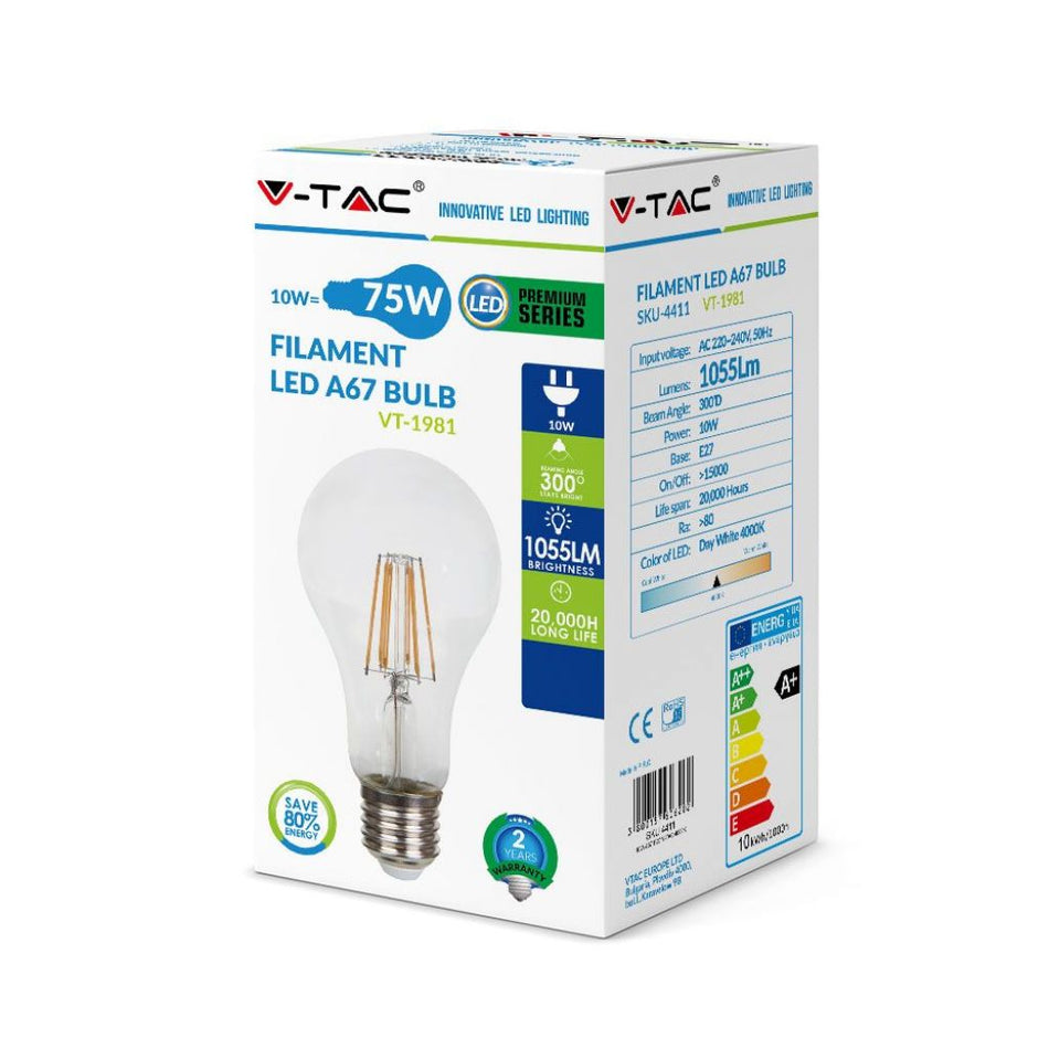 Bec LED Filament E27 A67 10W Alb cald V-TAC