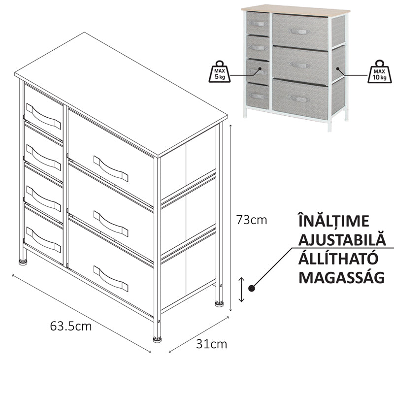 Comodă textilă cu 7 sertare 63 × 31 × 73 cm gri/alb pentru interior RPX-COM 46569R