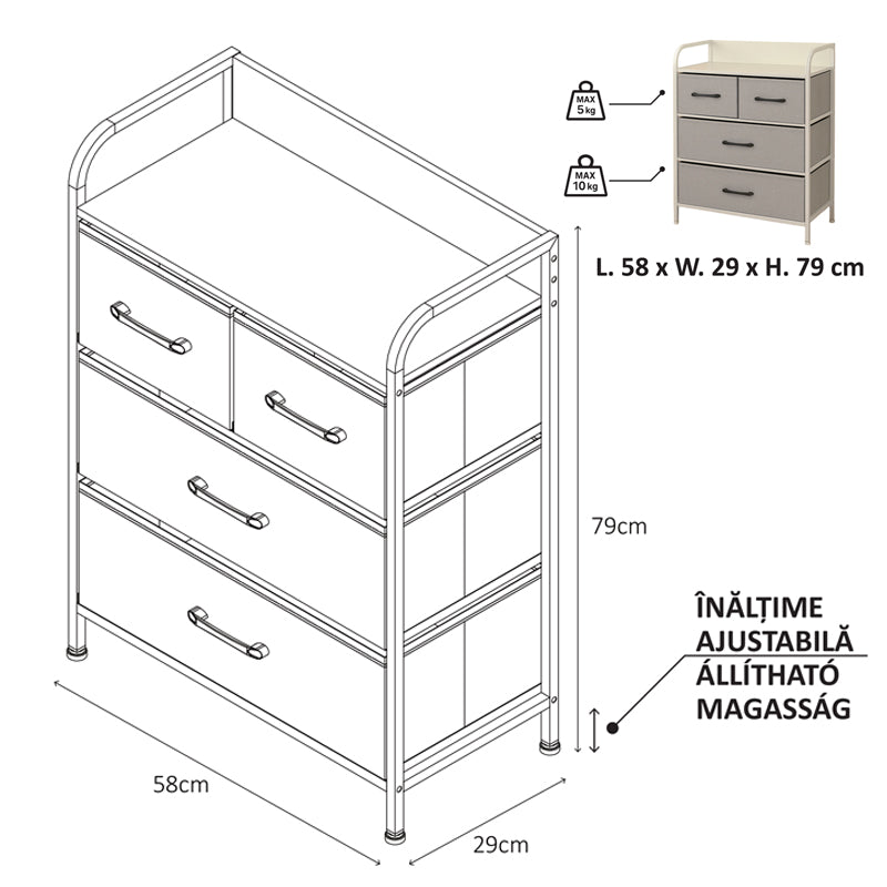 Comodă cu 4 sertare textile, 58 × 29 × 79 cm, bej/negru, uz interior RPX-COM 46571R