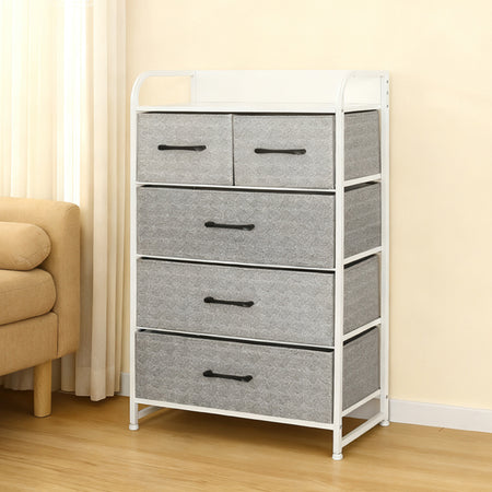 Comodă 5 sertare textile gri/alb, 58 × 29 × 99 cm, uz casnic RPX-COM 46572R