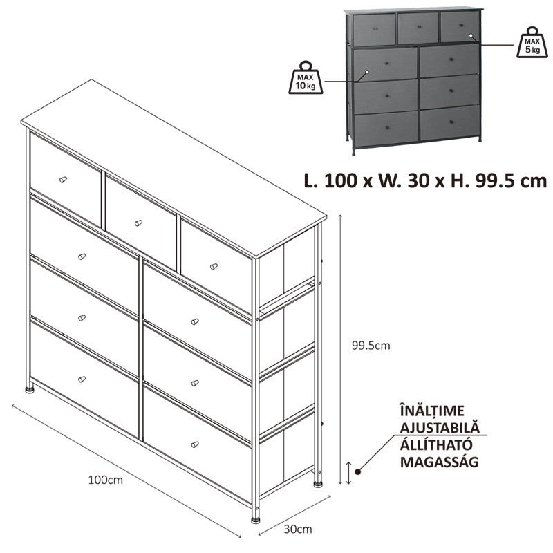 Comodă 9 sertare textilă, 100×30×99 cm, antracit/negru RPX-COM 46575R