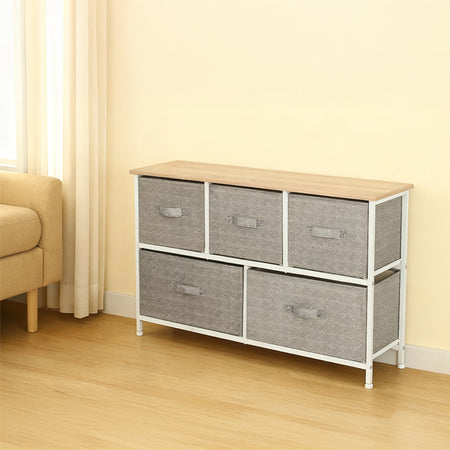 Comodă 5 sertare textilă gri/alb, 100 × 30 × 55 cm, uz casnic, RPX-COM 46576R