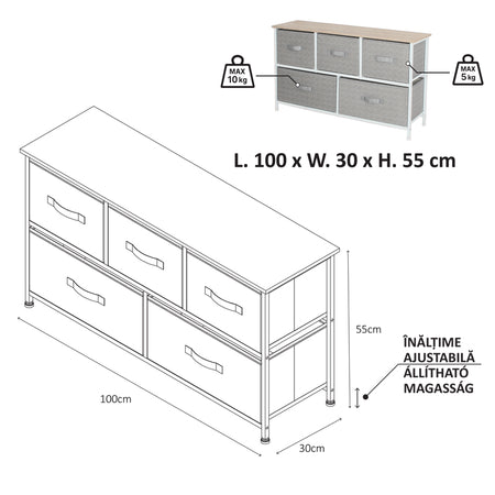 Comodă 5 sertare textilă gri/alb, 100 × 30 × 55 cm, uz casnic, RPX-COM 46576R