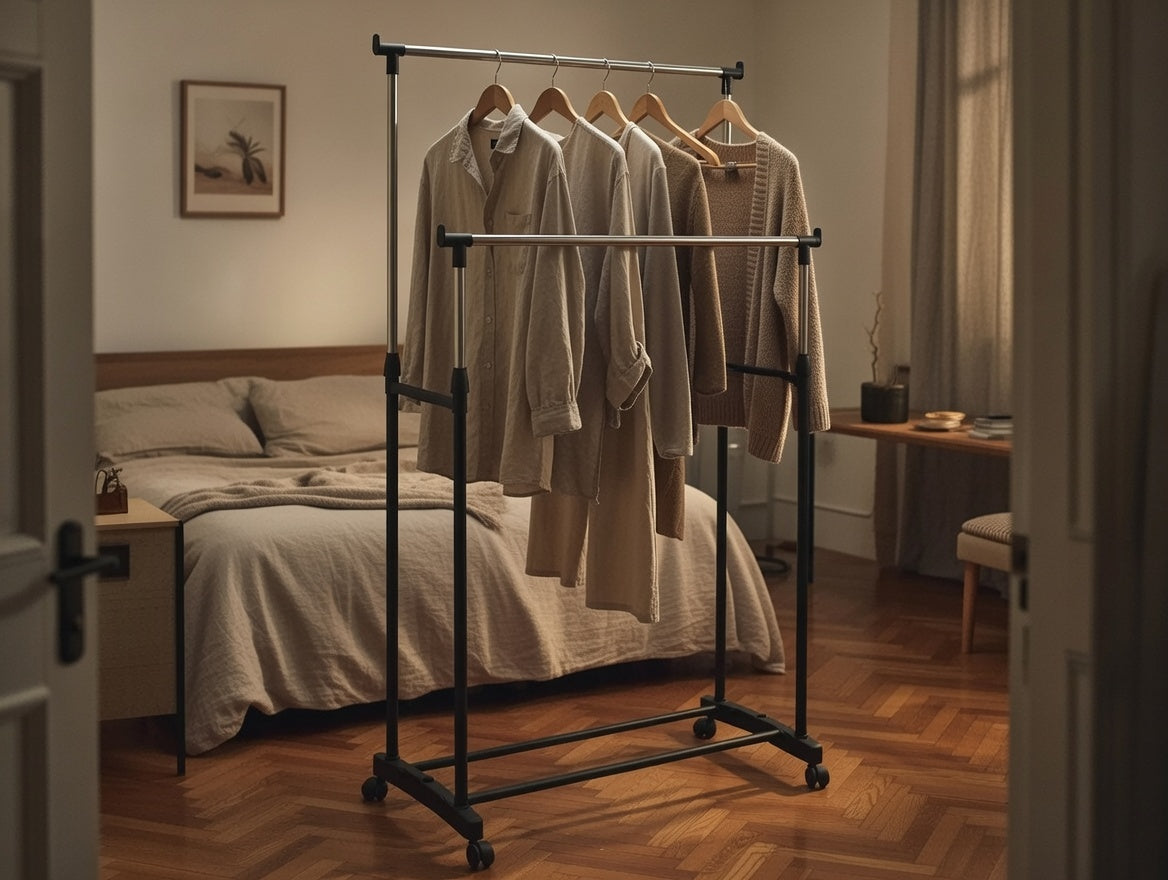 Suport haine dublu reglabil 83×39×165 cm, până la 15 kg, mobil cu roți RPX-HAI 46670R