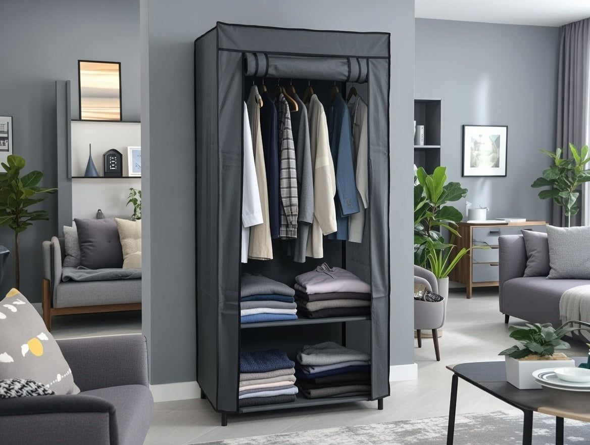 Dulap haine textil cu rulou, 70×45×160 cm, gri, organizare practică RPX-HAI 46672R
