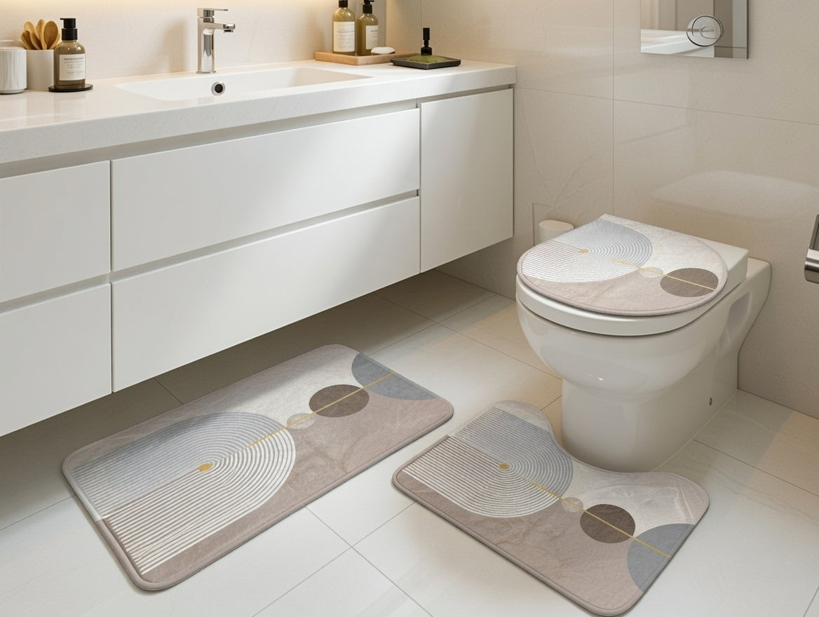 Covorașe baie flanel, set 3 bucăți cu cercuri, 40×60/40×50/40×45 cm, RPX-COV 46742R