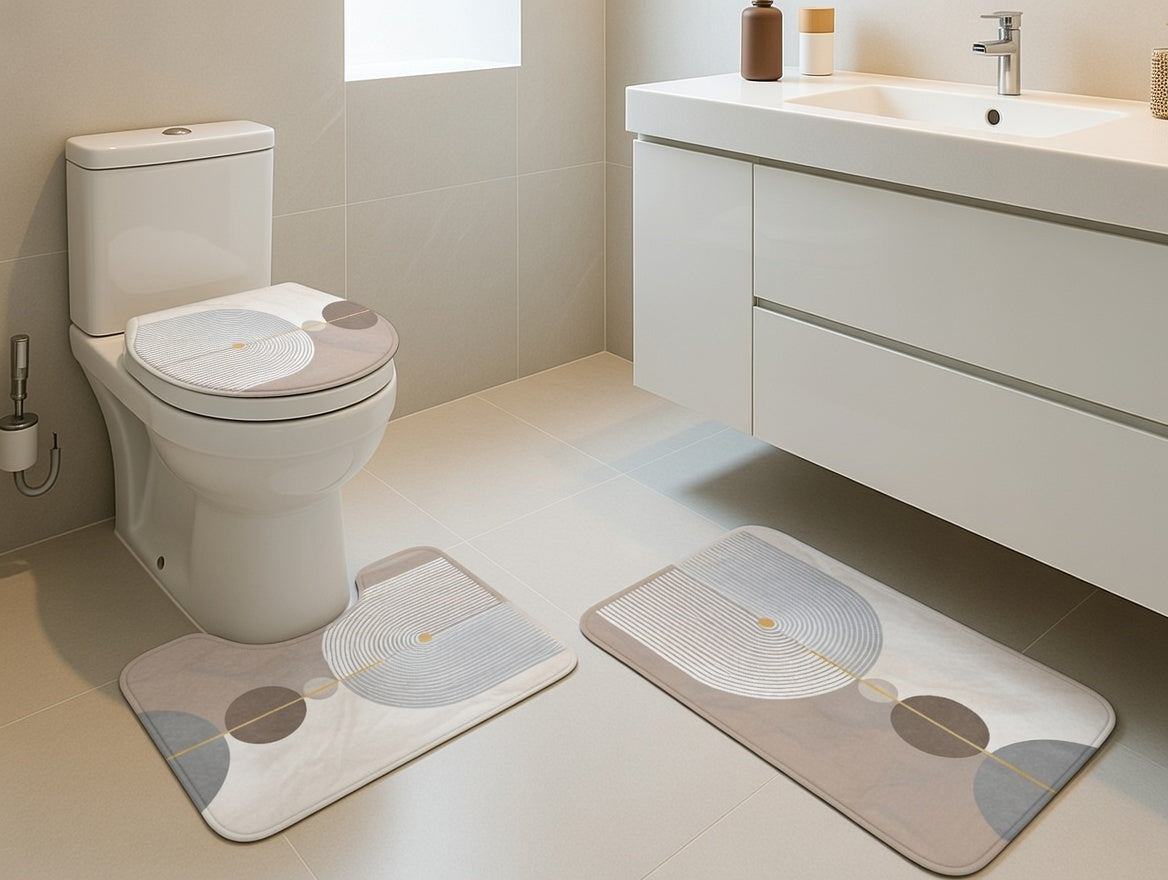 Covorașe baie flanel, set 3 bucăți cu cercuri, 40×60/40×50/40×45 cm, RPX-COV 46742R