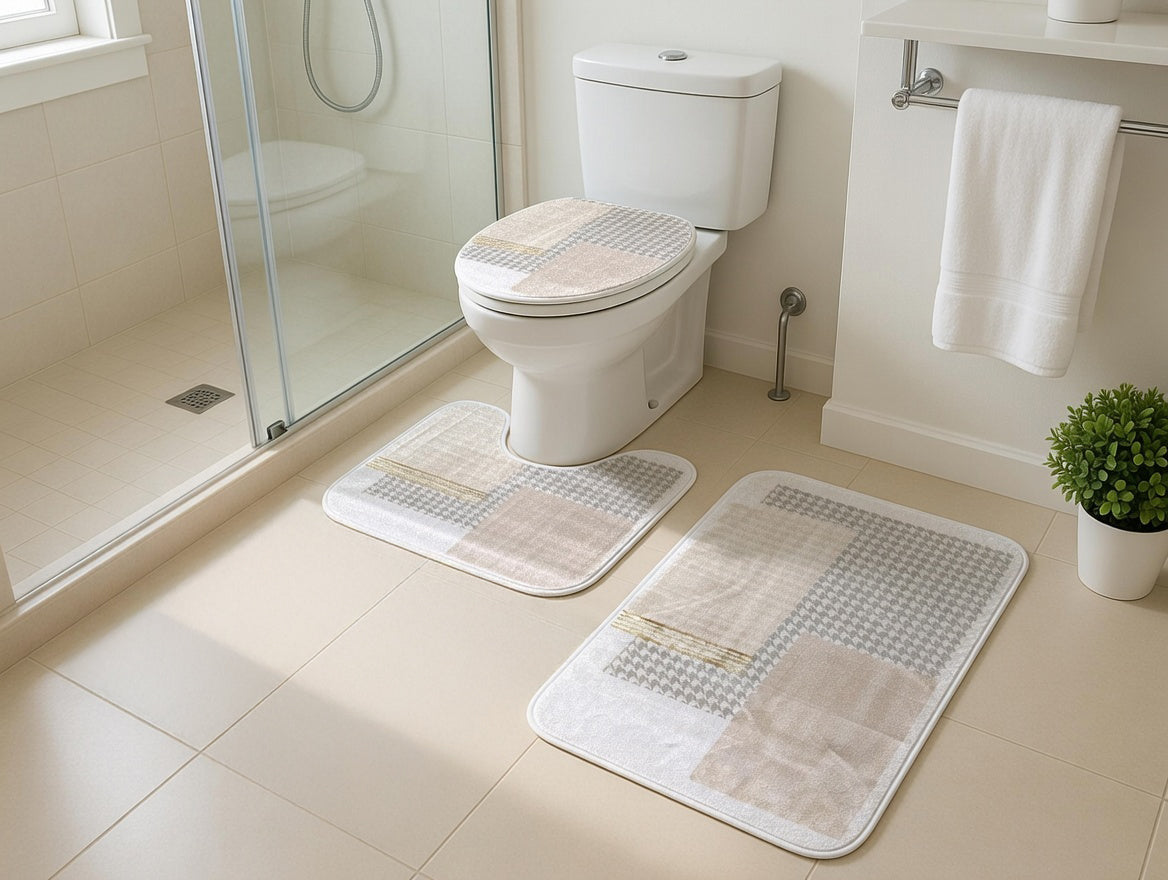 Covorașe baie flanel flanelă, carouri, set 3 piese, 40×60/40×50/40×45 cm RPX-COV 46743R