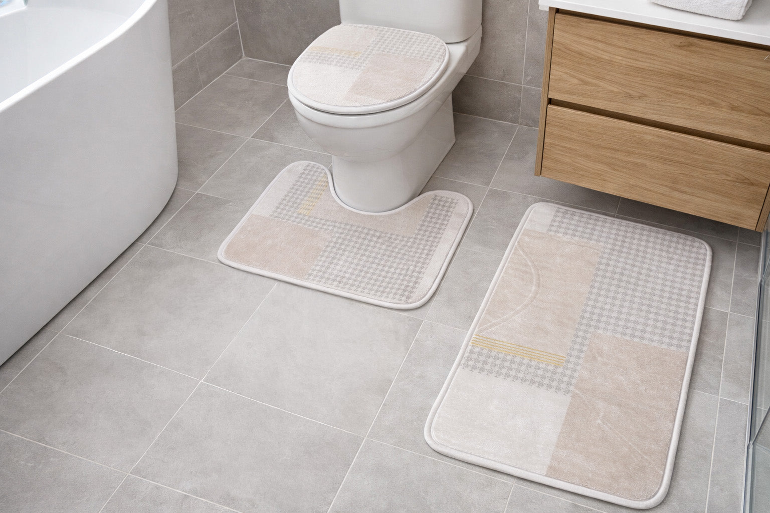 Covorașe baie flanel flanelă, carouri, set 3 piese, 40×60/40×50/40×45 cm RPX-COV 46743R