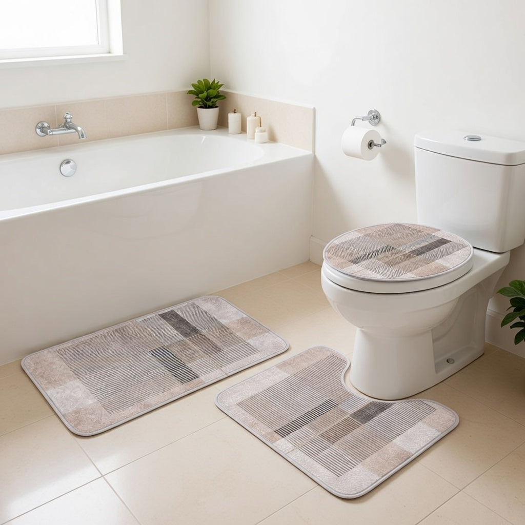 Set covorașe baie flanelă, 3 piese, dungi confortabile RPX-COV 46744R