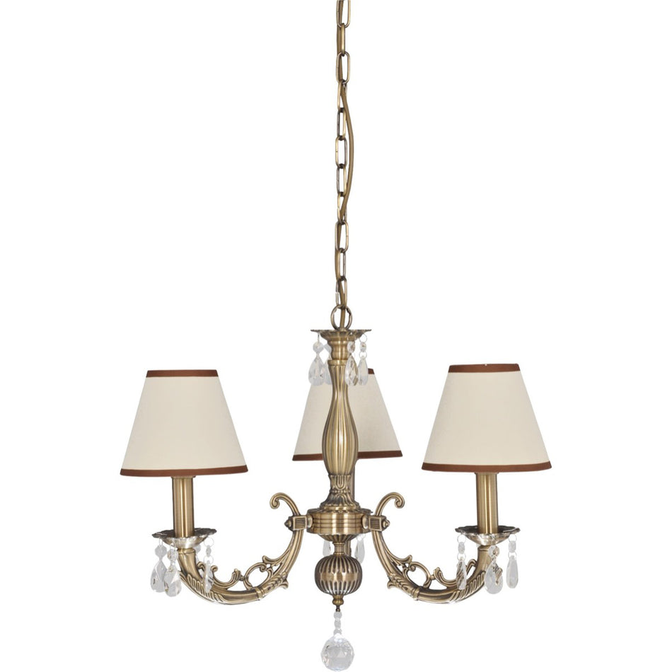 Lustra Kena, Metal Bronz + Abajur Textil Alb Cu Banda Maro, 3x E14