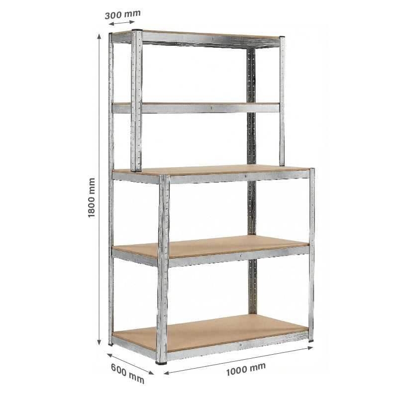 Raft metalic cu blat de lucru, 5 polițe, 180×100×60×30 cm, 175 kg RPX-RAF 62041