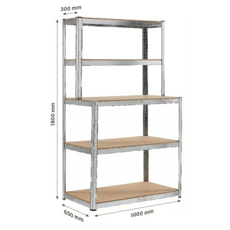 Raft metalic cu blat de lucru, 5 polițe, 180×100×60×30 cm, 175 kg RPX-RAF 62041