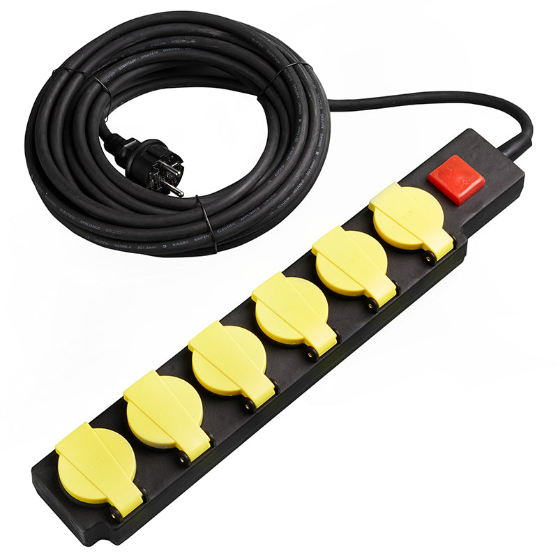 Prelungitor 6 prize, 10 m, IP44, 16A, 3500 W, negru/galben V-Tac 7614