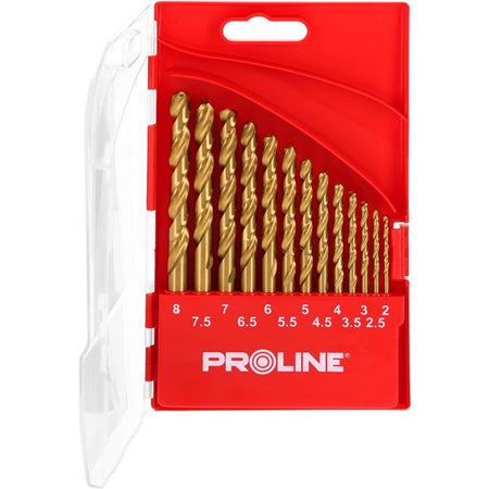 Set burghie metal PROLINE HSS-TiN 135° acoperite titan în casetă 13 piese