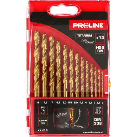 Set burghie metal PROLINE HSS-TiN 135° acoperite titan în casetă 13 piese