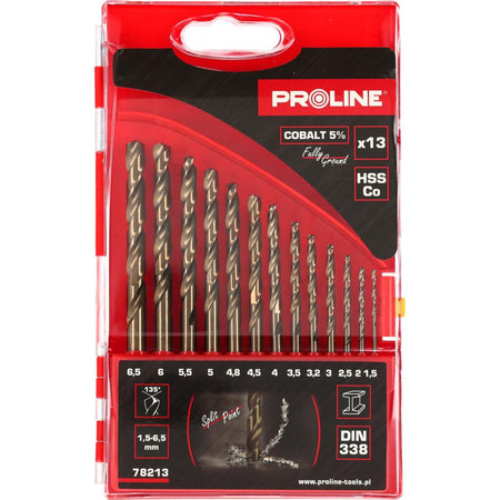 Set burghie metal HSS-Co 5% cobalt PROLINE vârf 135° în casetă 13 piese