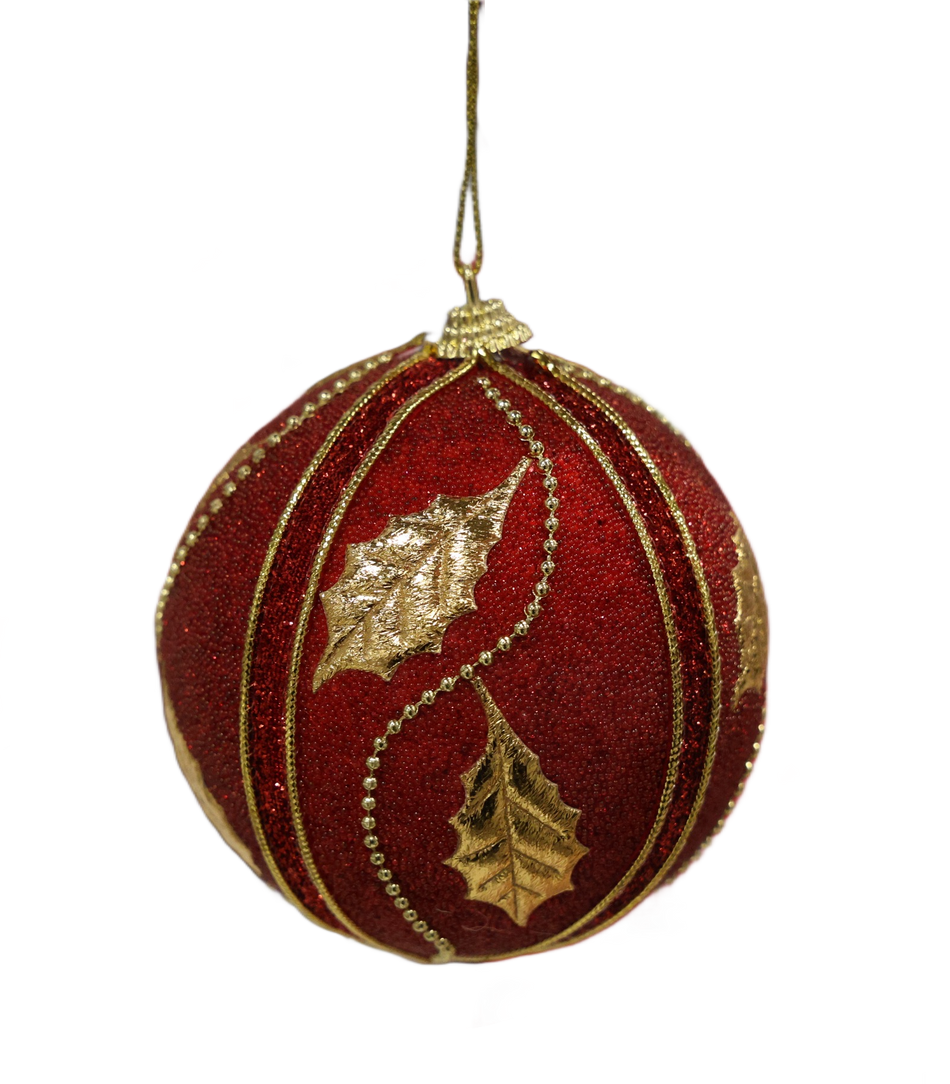 Xmas Glob 10 Cm Catifea Rosie Cu Frunze Aurii