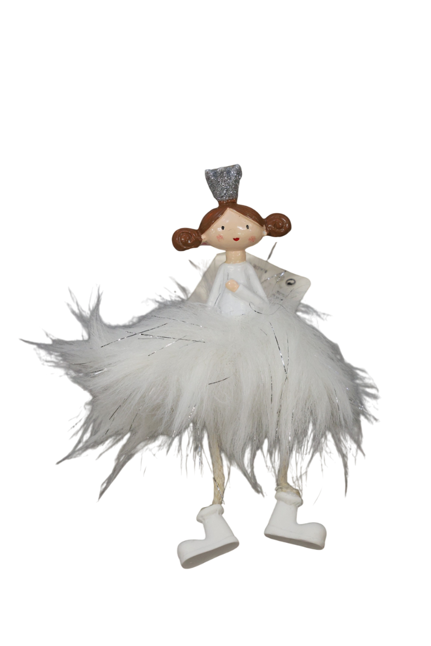 Xmas Figurina Fetita Cu Picioare Textil Rochita Alba Ab