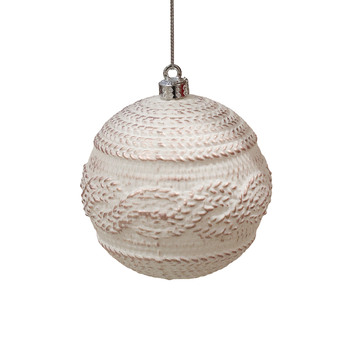 XMAS ORNAMENT GLOB ALB CU PATINA, MODEL TRICOT 10 CM, PLASTI