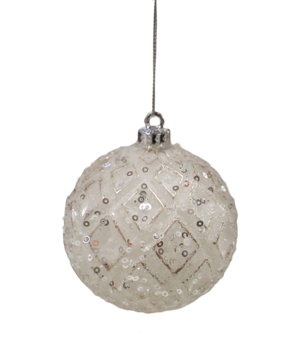 Xmas Ornament Glob Argintiu Cu Paiete Si Romburi Plastic 8 Cm