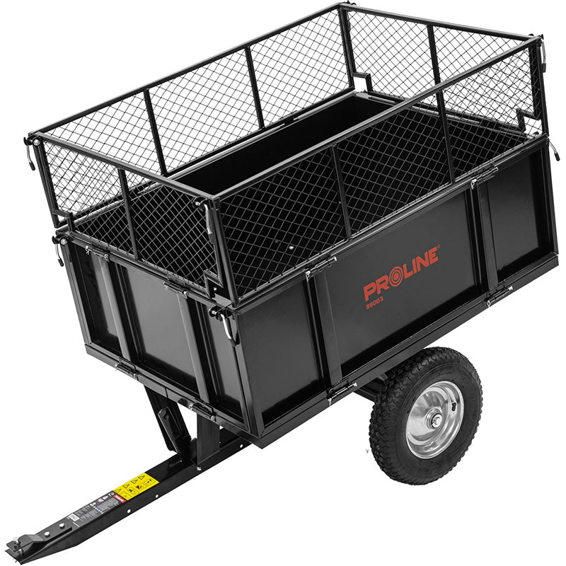 Remorcă basculantă de grădină din oțel cu protap și grilă, volum 295 L și capacitate 250 kg PROLINE-M 98003