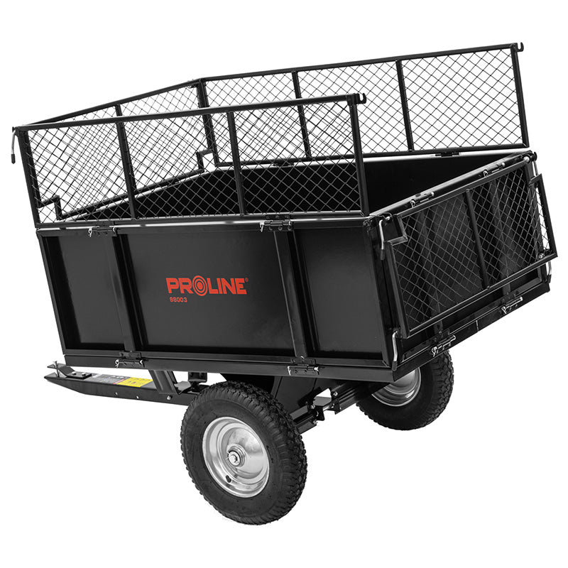 Remorcă basculantă de grădină din oțel cu protap și grilă, volum 295 L și capacitate 250 kg PROLINE-M 98003