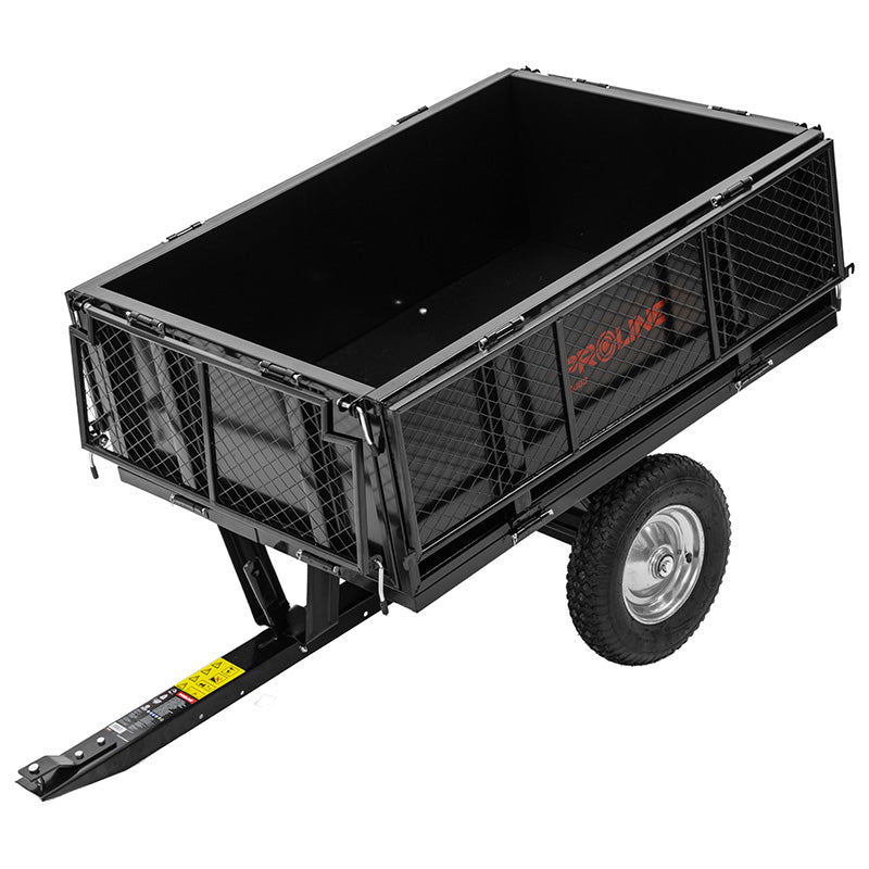Remorcă basculantă de grădină din oțel cu protap și grilă, volum 295 L și capacitate 250 kg PROLINE-M 98003