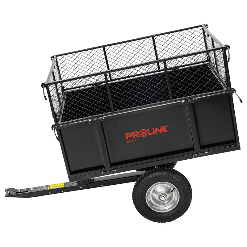 Remorcă basculantă de grădină din oțel cu protap și grilă, volum 295 L și capacitate 250 kg PROLINE-M 98003