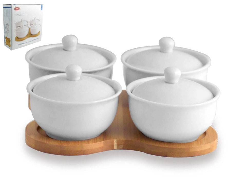 Set Platou Aperitive  Bambus Si 4 Boluri Portelan