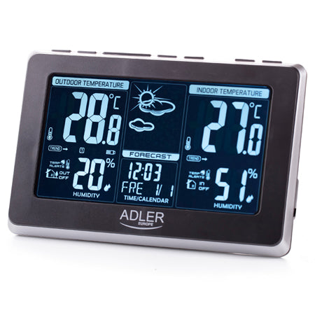 Stație meteo verticală, ecran LCD, ceas, alarme duble, Adler AD1175