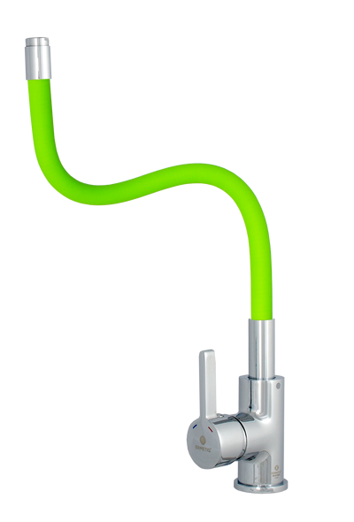 Baterie de bucătărie monocomandă cu pipă flexibilă verde și cartuș ceramic de 35 mm