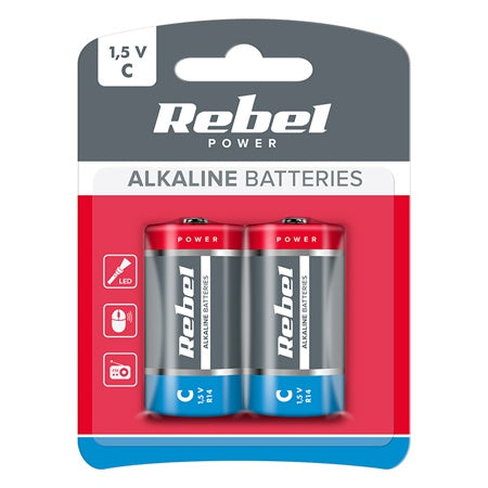 Baterie alcalină R14 C 1.5V set 2 bucăți blister Rebel BAT0063B