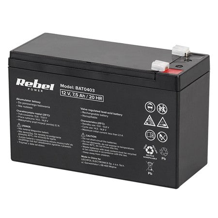 Acumulator staționar AGM VRLA 12 V 7.5 Ah, dimensiuni compacte, Rebel BAT0403