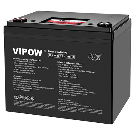 Acumulator LiFePO4 12.8 V 100 Ah cu BMS și gel, fără mentenanță Vipow BAT0496