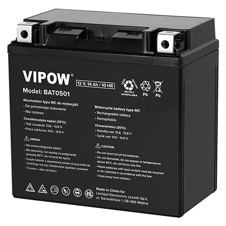 Acumulator moto 12V 14Ah, pornire rapidă, 150 × 87 × 145 mm Vipow BAT0501