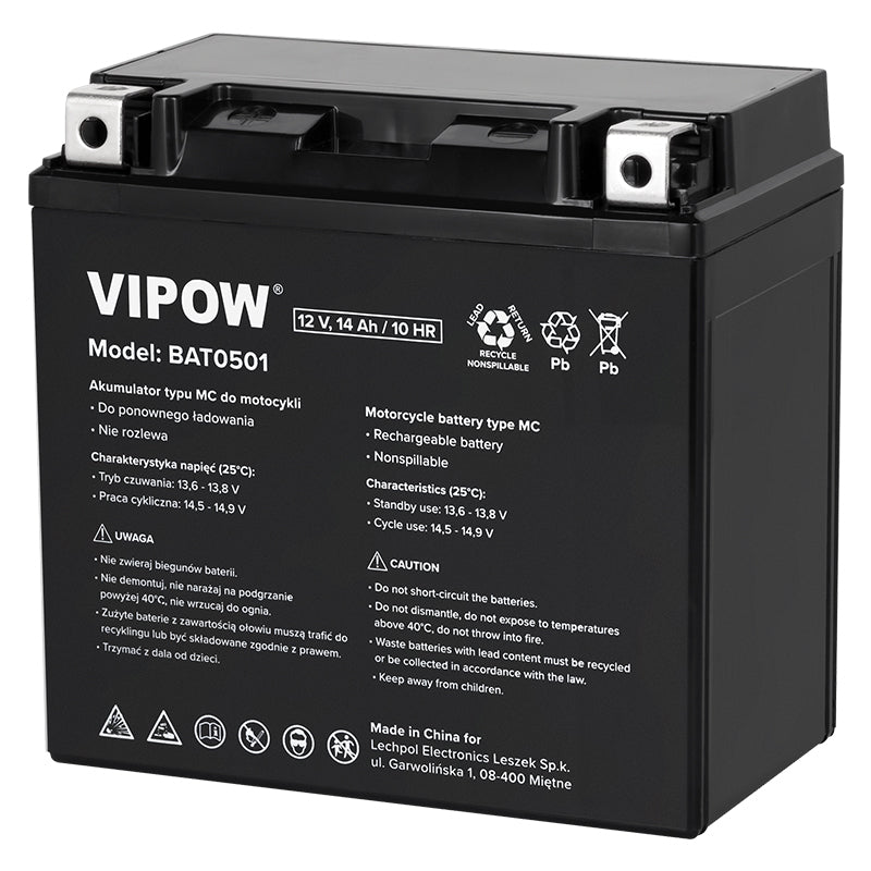 Acumulator moto 12V 14Ah, pornire rapidă, 150 × 87 × 145 mm Vipow BAT0501
