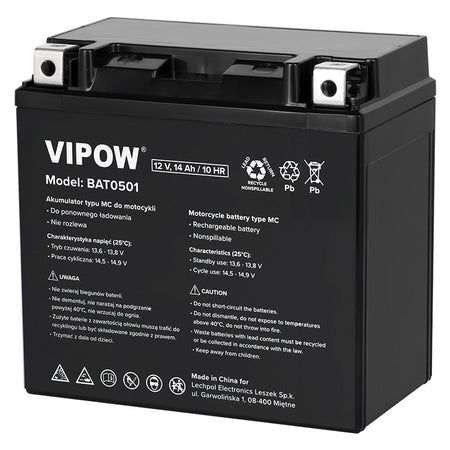 Acumulator moto 12V 14Ah, pornire rapidă, 150 × 87 × 145 mm Vipow BAT0501