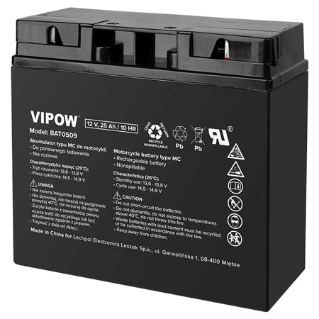 Acumulator vehicule electrice 12V 25Ah, 10HR, reîncărcabil, fără scurgeri, Vipow BAT0509
